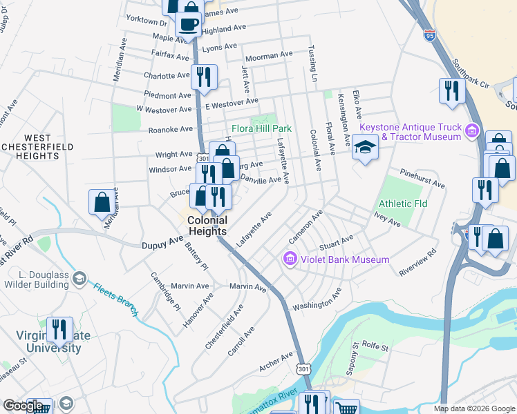 map of restaurants, bars, coffee shops, grocery stores, and more near 225 Lee Avenue in Colonial Heights
