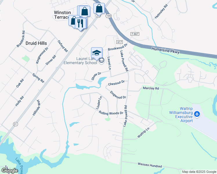 map of restaurants, bars, coffee shops, grocery stores, and more near 112 Chestnut Drive in Williamsburg