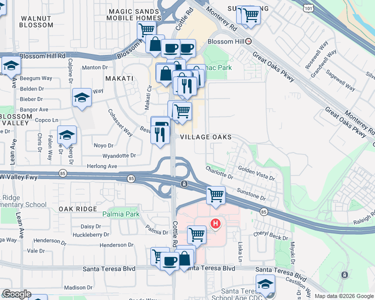 map of restaurants, bars, coffee shops, grocery stores, and more near 5805 Charlotte Drive in San Jose