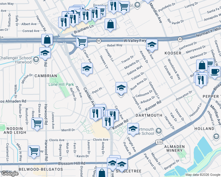 map of restaurants, bars, coffee shops, grocery stores, and more near 1598 Stapleton Court in San Jose