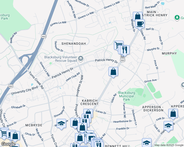 map of restaurants, bars, coffee shops, grocery stores, and more near 1210 University Terrace in Blacksburg