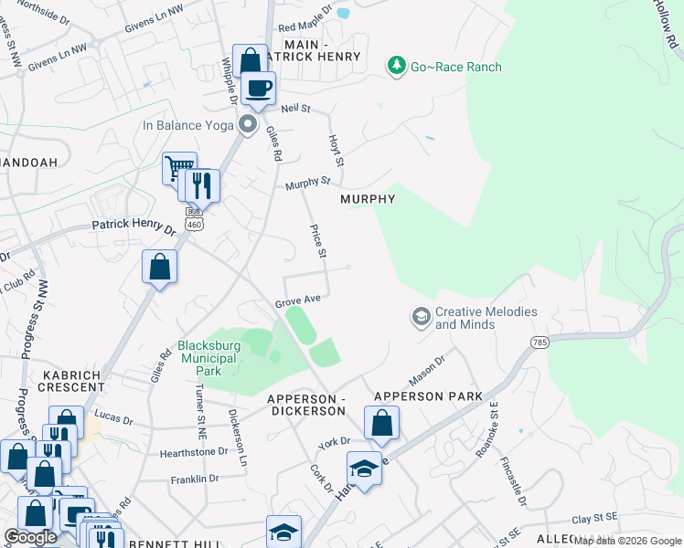 map of restaurants, bars, coffee shops, grocery stores, and more near 904 North Drive in Blacksburg