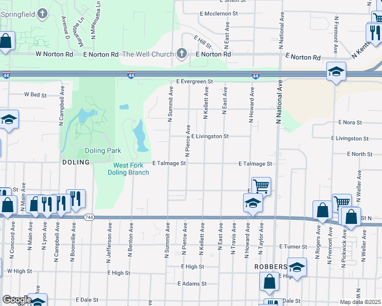 map of restaurants, bars, coffee shops, grocery stores, and more near 2624 North Pierce Avenue in Springfield