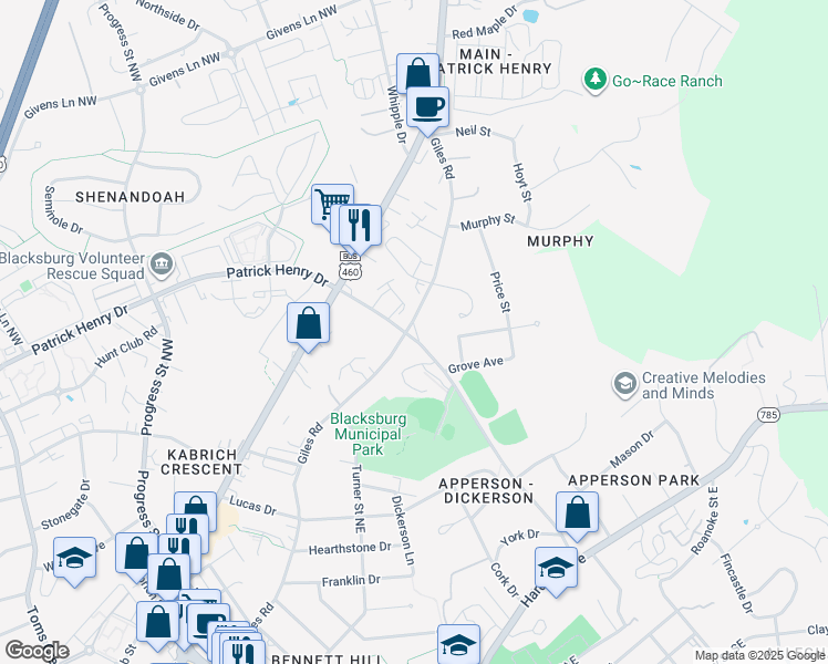map of restaurants, bars, coffee shops, grocery stores, and more near 1100 Giles Road in Blacksburg