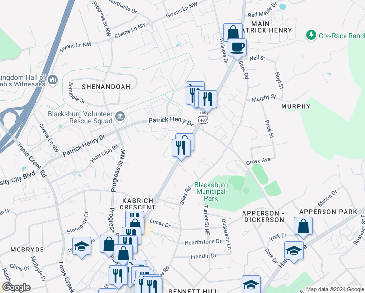 map of restaurants, bars, coffee shops, grocery stores, and more near 1309 North Main Street in Blacksburg