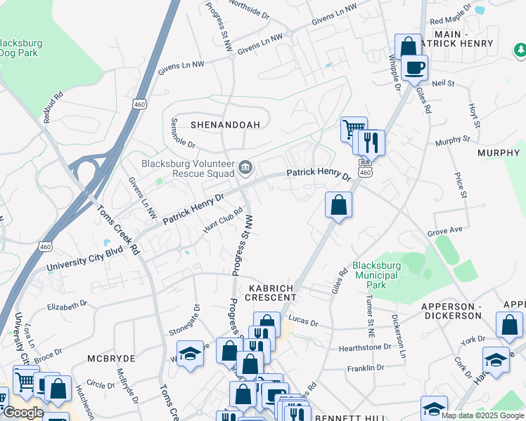 map of restaurants, bars, coffee shops, grocery stores, and more near in Blacksburg