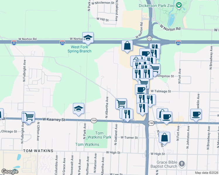 map of restaurants, bars, coffee shops, grocery stores, and more near 1943 West Melville Road in Springfield