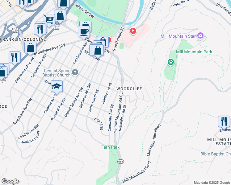 map of restaurants, bars, coffee shops, grocery stores, and more near 2401 Cornwallis Avenue Southeast in Roanoke