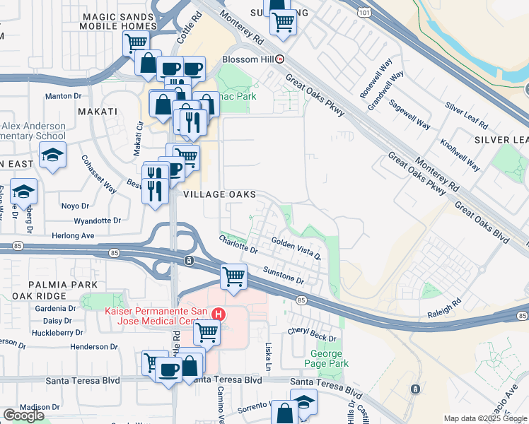 map of restaurants, bars, coffee shops, grocery stores, and more near 531 Autumn Meadow Drive in San Jose