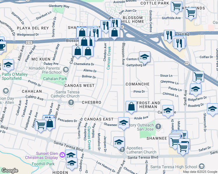 map of restaurants, bars, coffee shops, grocery stores, and more near 5803 Indian Avenue in San Jose