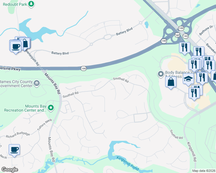 map of restaurants, bars, coffee shops, grocery stores, and more near 109 Jerdone Road in Williamsburg