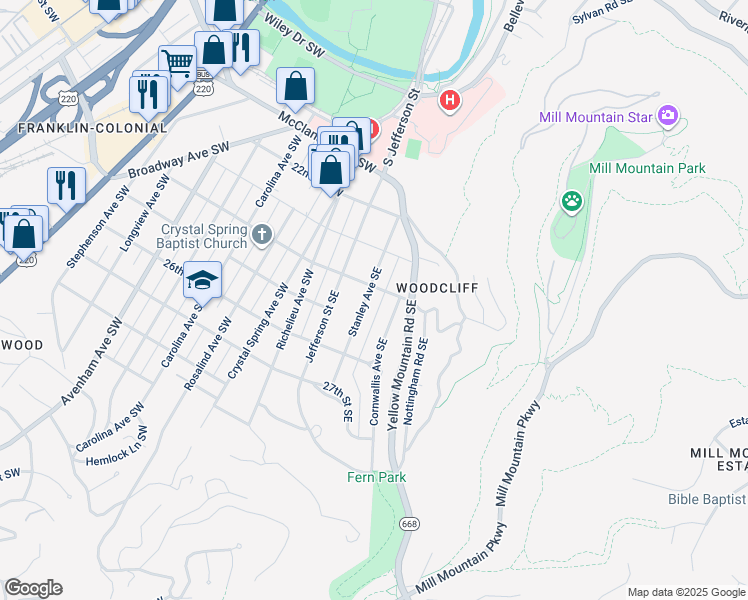 map of restaurants, bars, coffee shops, grocery stores, and more near 2412 Stanley Avenue Southeast in Roanoke