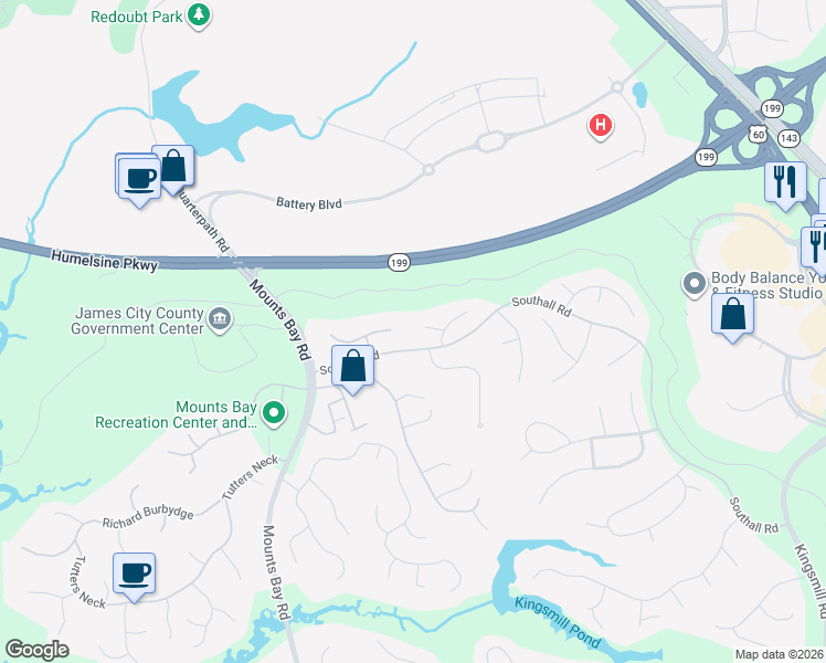 map of restaurants, bars, coffee shops, grocery stores, and more near 109 Daingerfield Road in Williamsburg