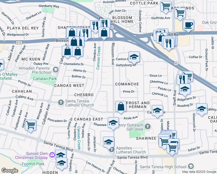 map of restaurants, bars, coffee shops, grocery stores, and more near 670 Briarcliff Drive in San Jose