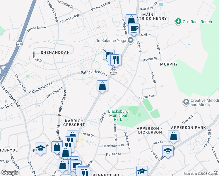 map of restaurants, bars, coffee shops, grocery stores, and more near 105 Robinson Street in Blacksburg