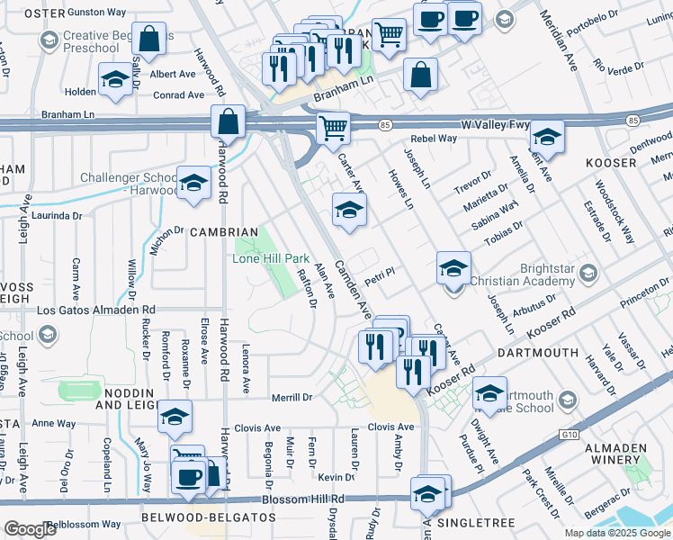 map of restaurants, bars, coffee shops, grocery stores, and more near 5135 Camden Avenue in San Jose