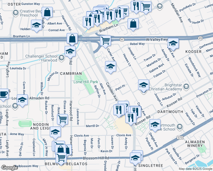 map of restaurants, bars, coffee shops, grocery stores, and more near 5135 Camden Avenue in San Jose