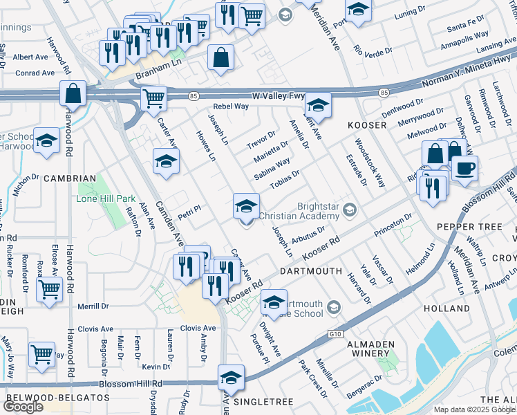 map of restaurants, bars, coffee shops, grocery stores, and more near 5258 Howes Lane in San Jose