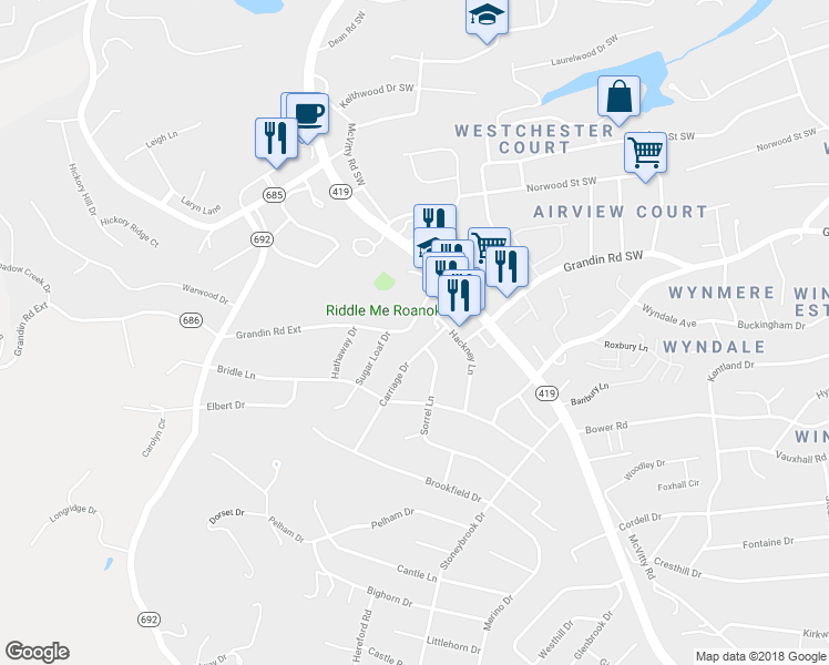 map of restaurants, bars, coffee shops, grocery stores, and more near 5026 Grandin Road Extension in Roanoke