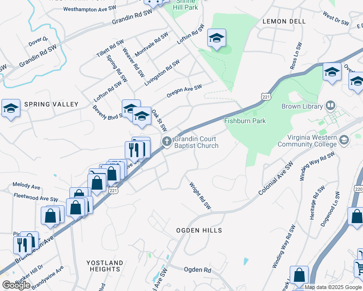 map of restaurants, bars, coffee shops, grocery stores, and more near 2621 Sweetbrier Ave SW in Roanoke