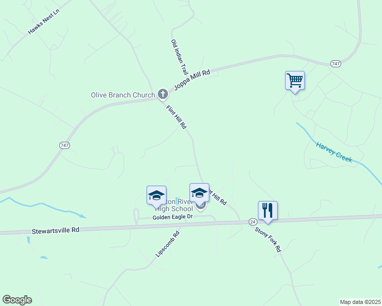 map of restaurants, bars, coffee shops, grocery stores, and more near 2267 Flint Hill Road in Moneta