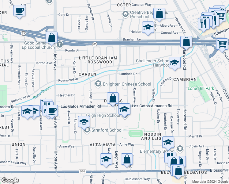 map of restaurants, bars, coffee shops, grocery stores, and more near 5115 Leigh Avenue in San Jose