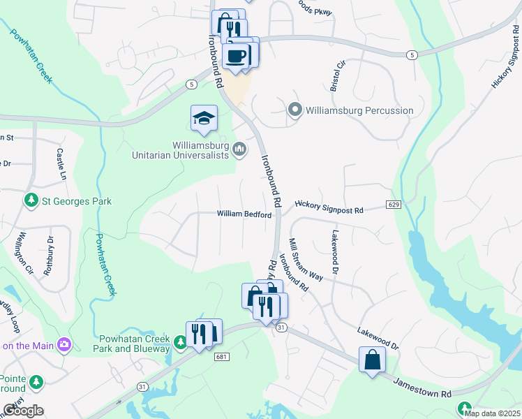 map of restaurants, bars, coffee shops, grocery stores, and more near 2901 North Robert Hunt in Williamsburg