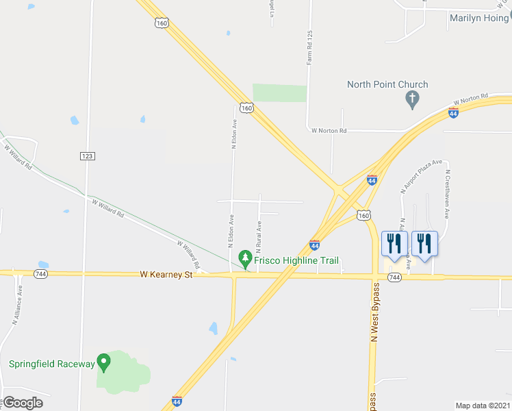 map of restaurants, bars, coffee shops, grocery stores, and more near 2537 North Rural Avenue in Springfield