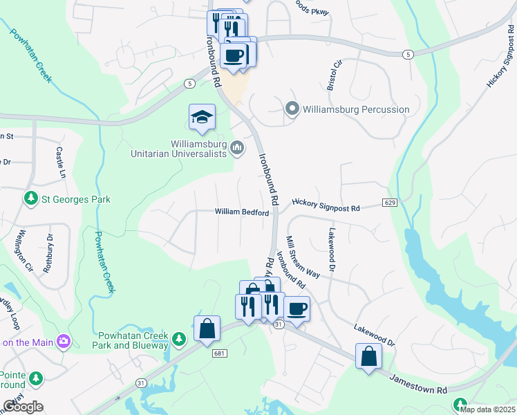 map of restaurants, bars, coffee shops, grocery stores, and more near 2901 North Robert Hunt in Williamsburg