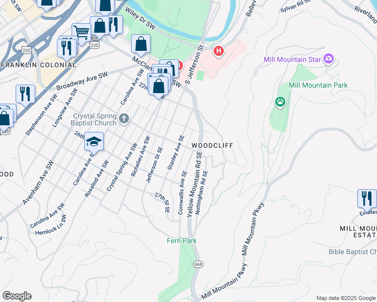 map of restaurants, bars, coffee shops, grocery stores, and more near 2401 Cornwallis Avenue Southeast in Roanoke