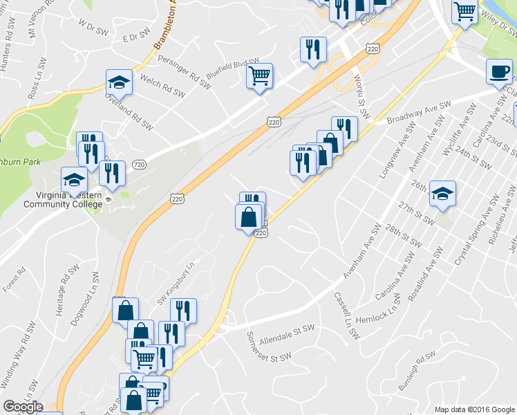 map of restaurants, bars, coffee shops, grocery stores, and more near 924 Beechwood Drive Southwest in Roanoke