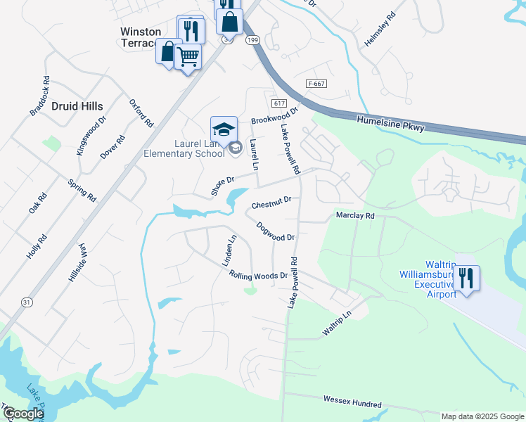 map of restaurants, bars, coffee shops, grocery stores, and more near 112 Chestnut Drive in Williamsburg