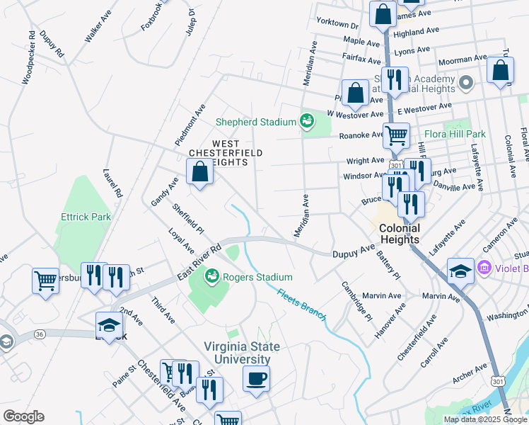 map of restaurants, bars, coffee shops, grocery stores, and more near 20211 Oakland Avenue in Ettrick