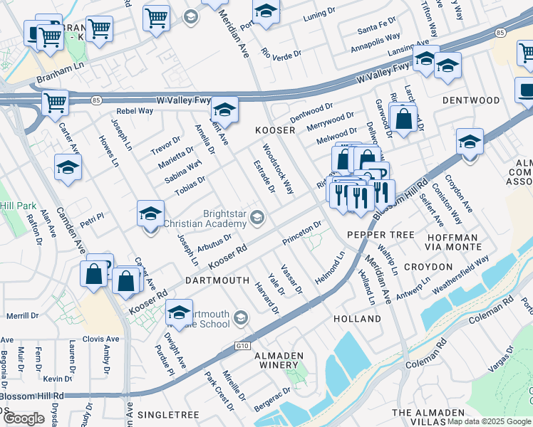 map of restaurants, bars, coffee shops, grocery stores, and more near 5369 Dent Avenue in San Jose