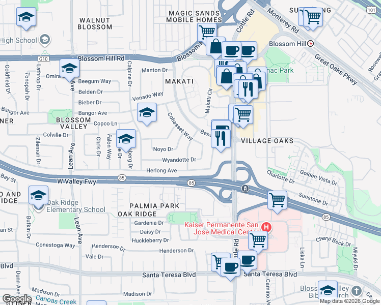 map of restaurants, bars, coffee shops, grocery stores, and more near 5868 Pentz Way in San Jose
