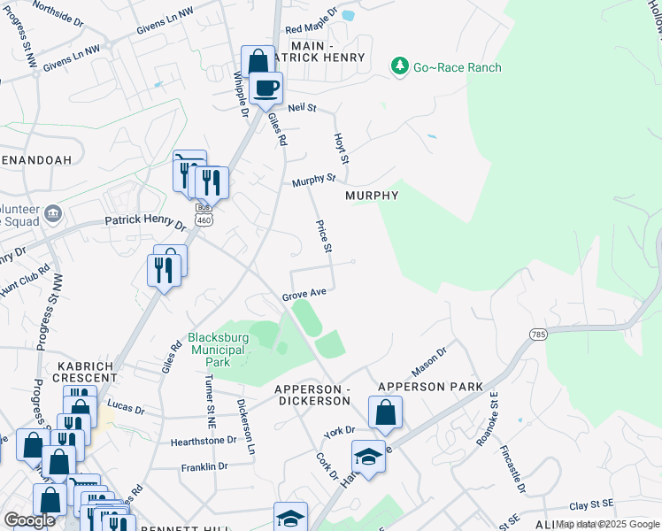 map of restaurants, bars, coffee shops, grocery stores, and more near 226 Price Street in Blacksburg