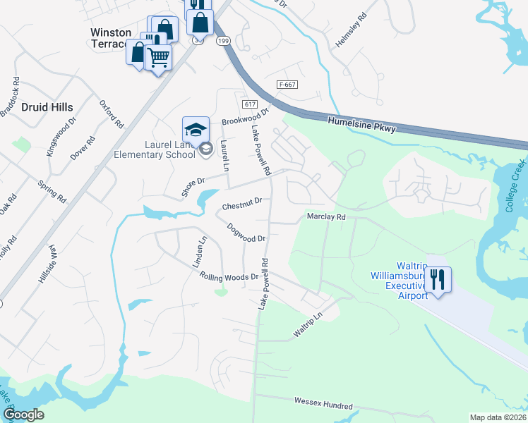 map of restaurants, bars, coffee shops, grocery stores, and more near 1-13 Marclay Dr in Williamsburg