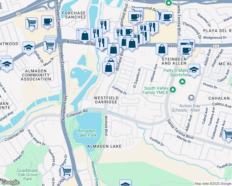 map of restaurants, bars, coffee shops, grocery stores, and more near 970 Lake Isabella Way in San Jose