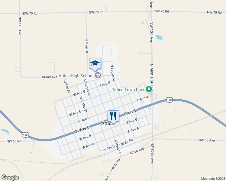 map of restaurants, bars, coffee shops, grocery stores, and more near E Ave F in Attica