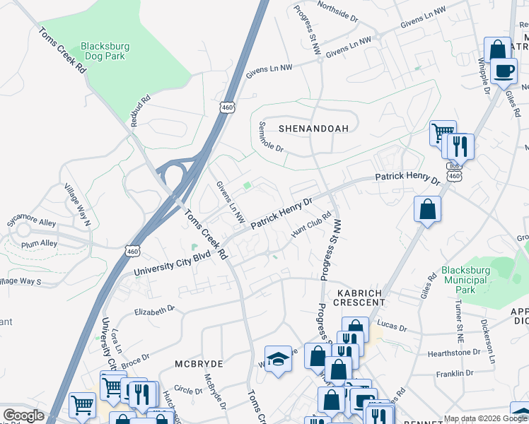 map of restaurants, bars, coffee shops, grocery stores, and more near 1600 Patrick Henry Drive in Blacksburg