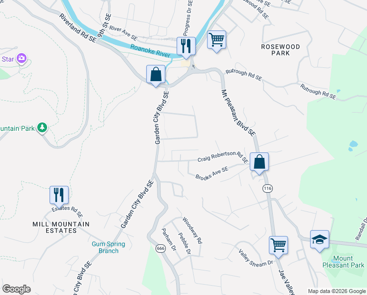 map of restaurants, bars, coffee shops, grocery stores, and more near 1348 Gillette Avenue Southeast in Roanoke
