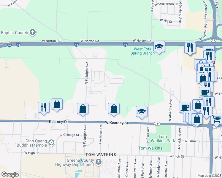 map of restaurants, bars, coffee shops, grocery stores, and more near 2523 West Talmage Street in Springfield