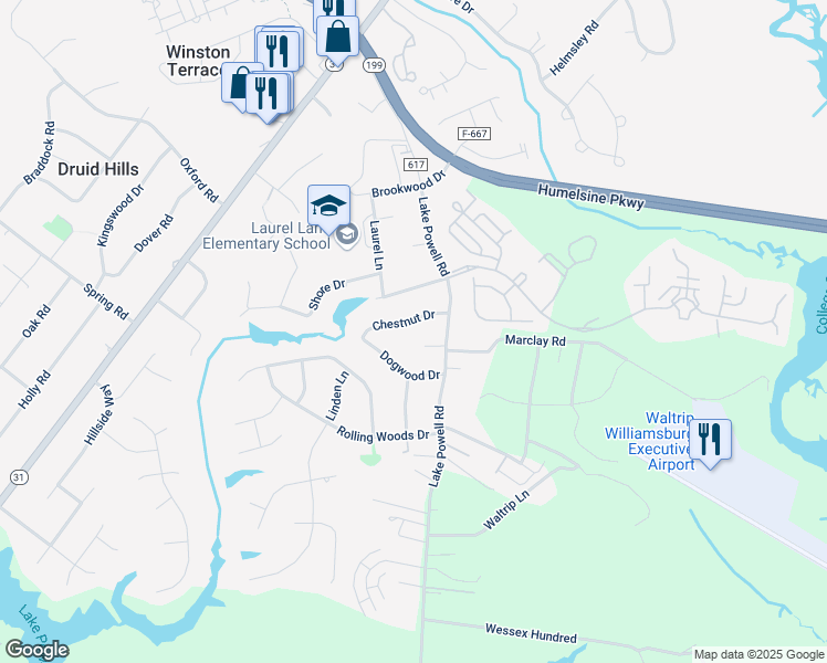 map of restaurants, bars, coffee shops, grocery stores, and more near 106 Chestnut Drive in Williamsburg