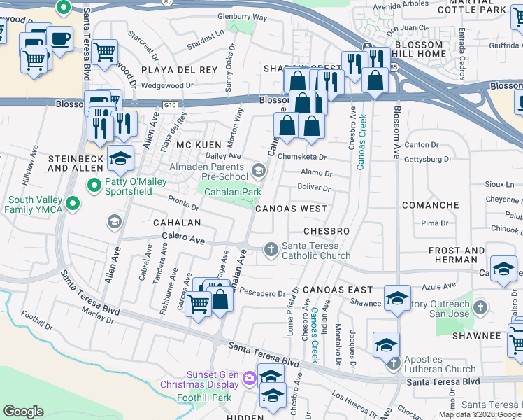 map of restaurants, bars, coffee shops, grocery stores, and more near 5840 Cahalan Avenue in San Jose