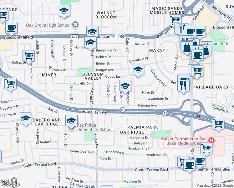 map of restaurants, bars, coffee shops, grocery stores, and more near 5854 Falon Way in San Jose