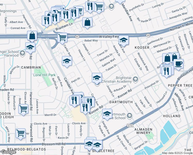 map of restaurants, bars, coffee shops, grocery stores, and more near 5254 Howes Lane in San Jose