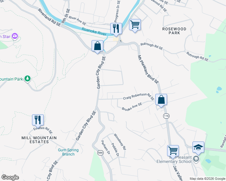 map of restaurants, bars, coffee shops, grocery stores, and more near 1348 Gillette Avenue Southeast in Roanoke