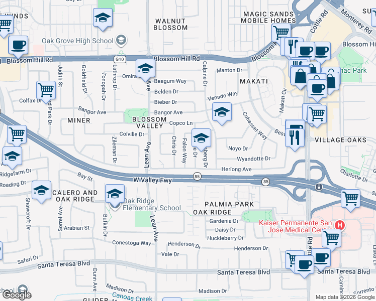 map of restaurants, bars, coffee shops, grocery stores, and more near 5854 Falon Way in San Jose