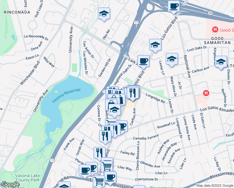map of restaurants, bars, coffee shops, grocery stores, and more near 245 Garden Lane in Los Gatos