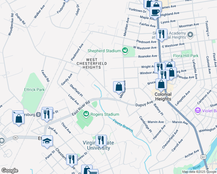 map of restaurants, bars, coffee shops, grocery stores, and more near 20211 Oakland Avenue in Ettrick